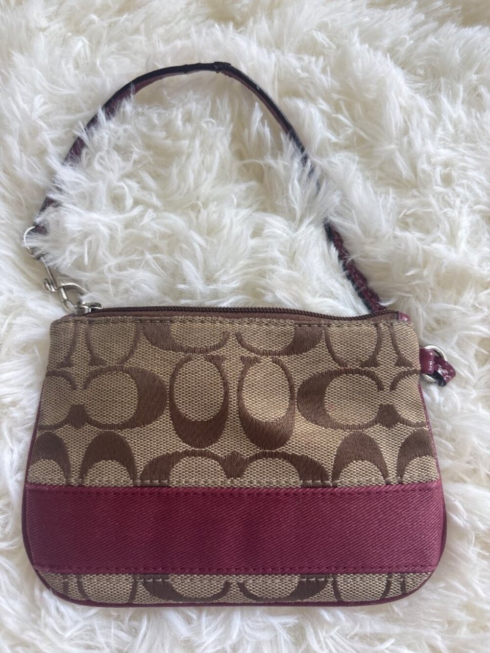 Coach Signature Wristlet Purse Beige & Burgundy Canvas W/ Leather Strap Small Ba